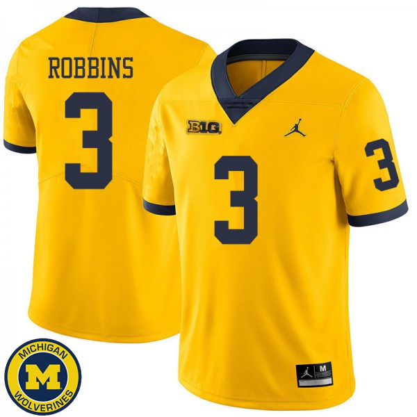 Men University of Michigan #3 Brad Robbins Yellow Jordan Brand College Game Jersey